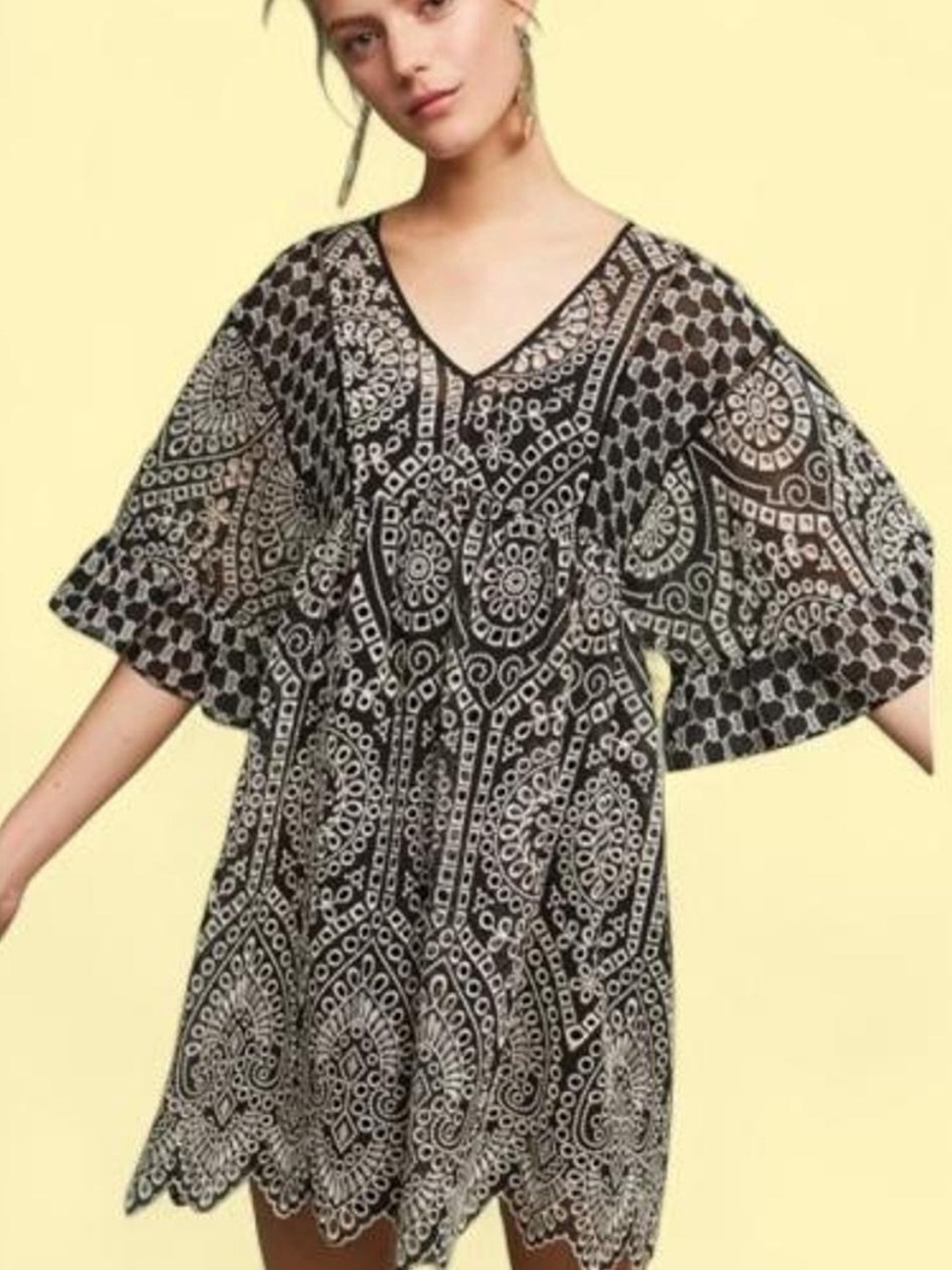 Anthropologie Black & White Paisley Embroidered Tunic Dress